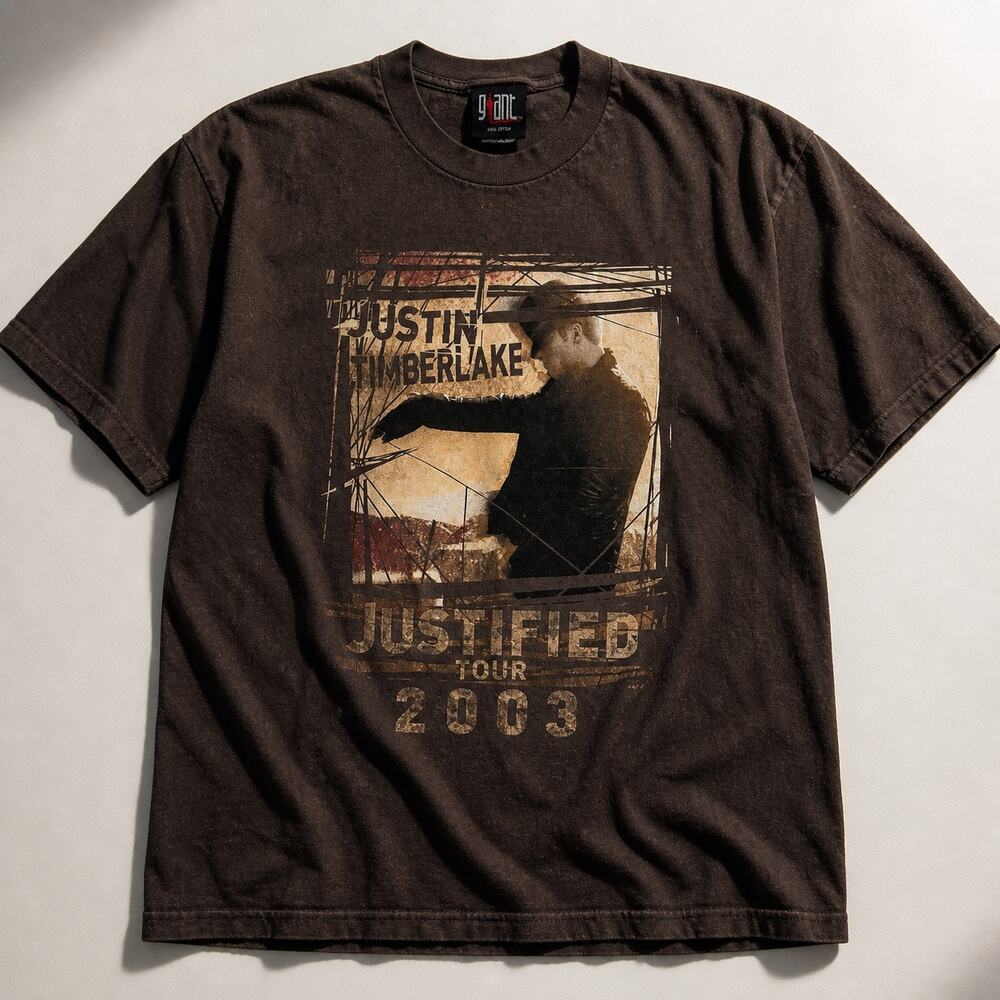 Justin Timberlake Justified Tour 2003 Y2K Brown Graphic Tee- Vintage